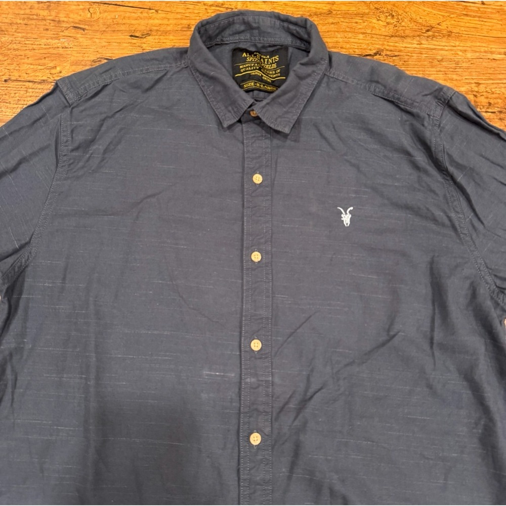 ALLSAINTS Spitafields Ram Logo Gray Cotton Button Up Casual Dress Shirt Men's XL